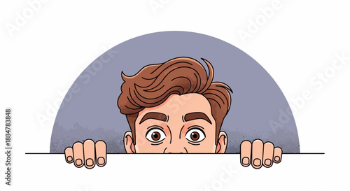 A cartoon man peeking over a white banner with a surprised expression, hands holding the edge, against a gray semicircle background