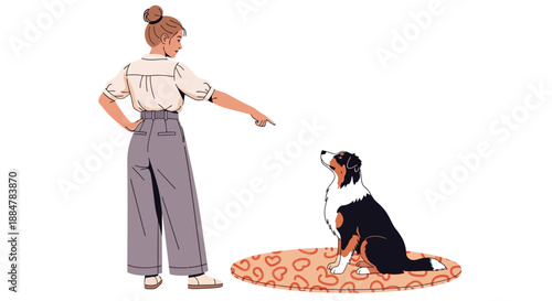 Woman training her Bernese Mountain dog on a patterned rug, illustration from a rear view, in a simple home environment