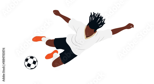 Dynamic illustration of a soccer player kicking a ball with outstretched arms and legs in mid-air