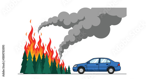 A dramatic scene of a raging forest fire with thick smoke billowing, dangerously close to a parked blue car, highlighting environmental disaster.
