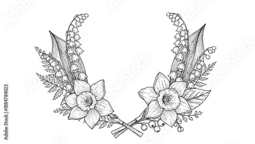 Floral wreath with blooming flowers and foliage illustration