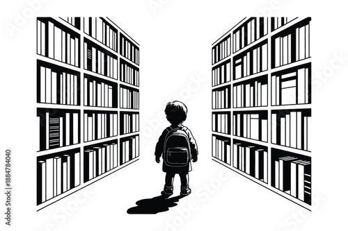 Child with backpack entering library, learning concept
