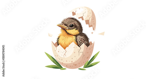 A vibrant baby chick with beautiful feathers, just hatched from its cracked eggshell and standing on green grass, symbolizing new beginnings.