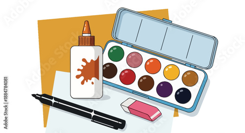 Artistic creativity displayed with paints, brush, and ink bottle on a vibrant background