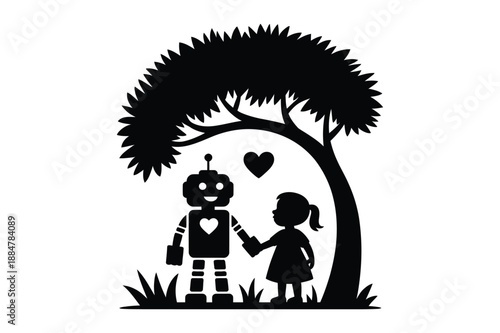 Girl holding hands with robot under tree, friendship concept