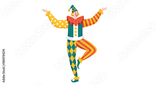 Vibrant clown performing a lively dance move with colorful costume and playful gesture