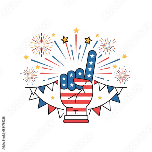 National Celebration Event with Patriotic Foam Finger, Fireworks, and Banners Vector Illustration