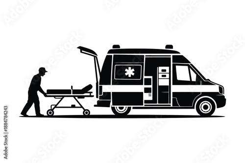Paramedic with Stretcher by Ambulance Silhouette