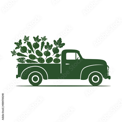 Classic American Farm Truck Delivering Fresh Harvested Vegetables - Vector Illustration