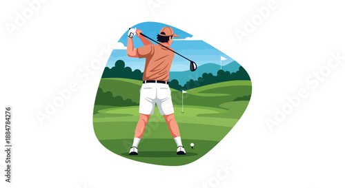 Golfer in action on a scenic golf course, playing a swing on a lush green field