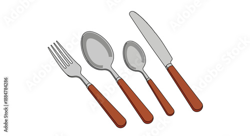 Set of Cutlery with Wooden Handles on White Surface from Diagonal View