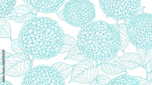Hydrangea flowers and leaves pattern illustration from a close-up viewpoint