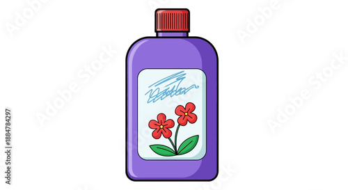 A purple bottle with red flowers on the label is viewed from the front on a plain background
