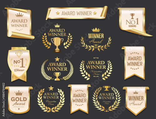 Top rated award winner and premium quality golden badge and emblem collection stock illustration 