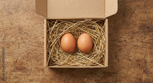 Two brown eggs in a nest of straw inside a cardboard box