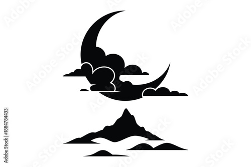 Crescent Moon and Mountain Silhouette at Night