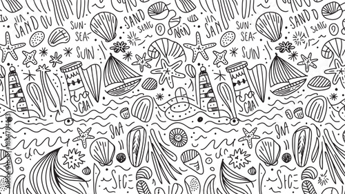Endless Summer Beach Doodle Pattern: Sun, Sand, Sea, Shells, Sailboats, Lighthouses, and Tropical Elements