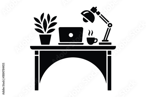 Desk Setup with Laptop, Lamp, and Coffee Cup