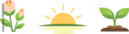 Renewal Icons Illustration. Renewal-oriented environment visualized as budding flowers, sunrise symbols, and sprouting leaves