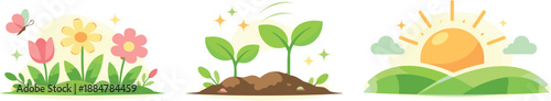 Spring Renewal Icons. Growth-focused landscape illustrated through blooming flowers, sprouting plants, and sun icons representing