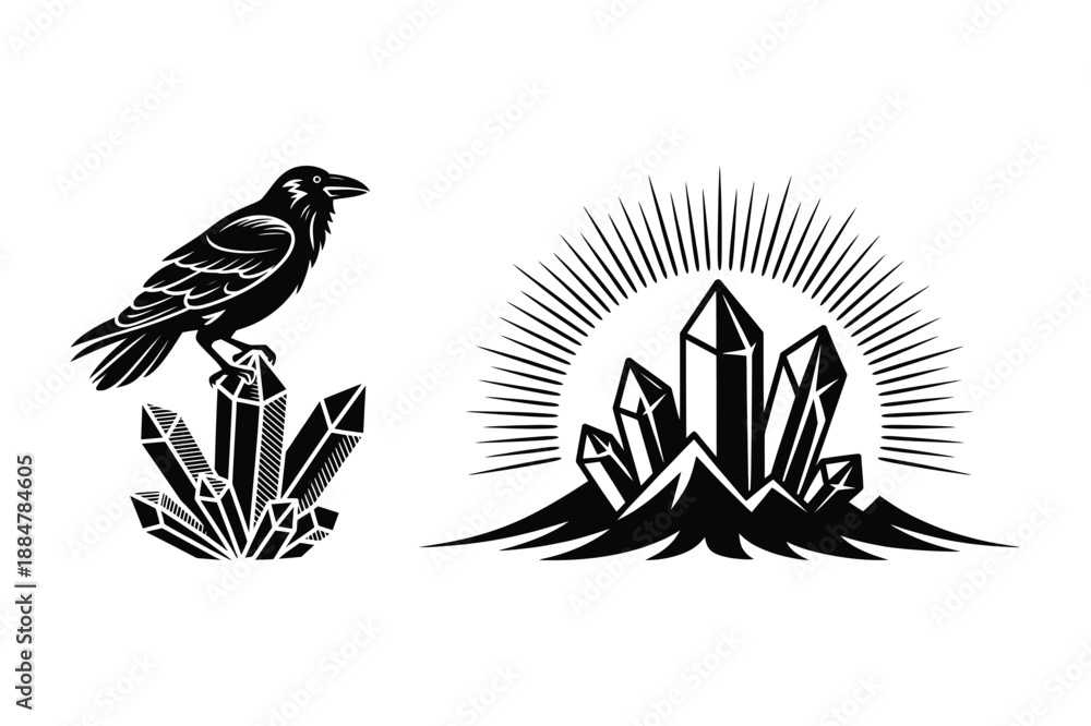 Obraz premium Raven on Crystals and Crystal Cluster Symbol