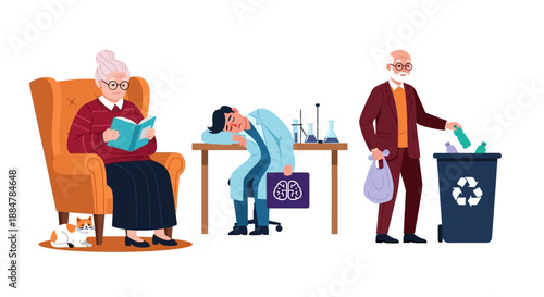 Elderly people engaging in daily activities, reading, recycling, and disposing waste at home