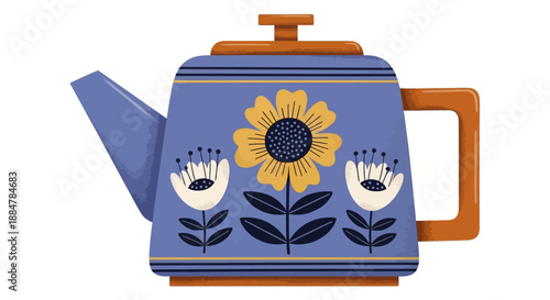 Illustration of a blue teapot with a sunflower and flowers on it from a front viewpoint