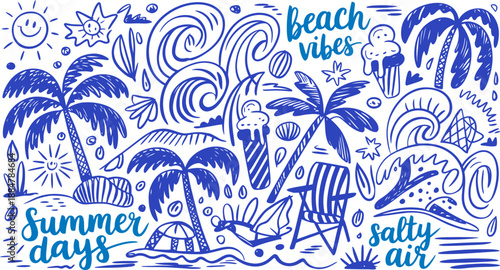 Blue Summer Days Doodle: Beach Vibes, Palm Trees, Waves, Sun, Ice Cream, Beach Chairs, and Salty Air