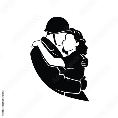 Stylized illustration of a military person and a woman sharing an emotional embrace and kiss.