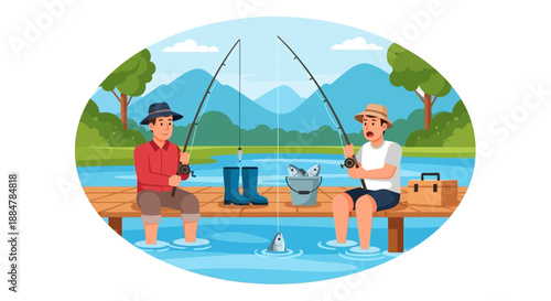 Two men fishing together on a serene lake dock surrounded by mountains and lush greenery