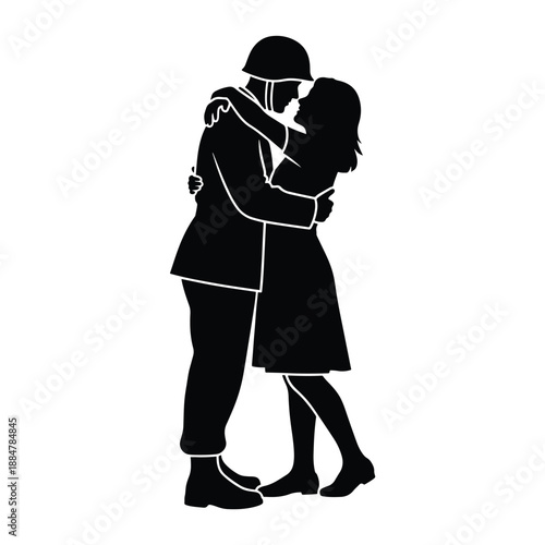 Emotional embrace: Vector silhouette of a soldier and partner in a loving reunion
