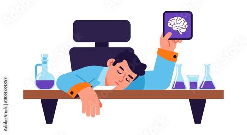 Man sleeping on desk with brain image on device screen in laboratory setting