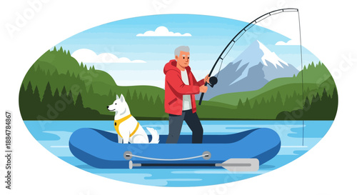 Man fishing from raft with dog on serene lake surrounded by mountains and lush greenery