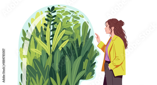 Woman in yellow jacket examining lush green plants in an arched greenhouse from a side viewpoint