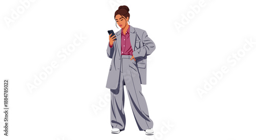 A confident woman in a gray business suit holding a phone, standing with one hand on her hip, in a professional setting, viewed from the front.