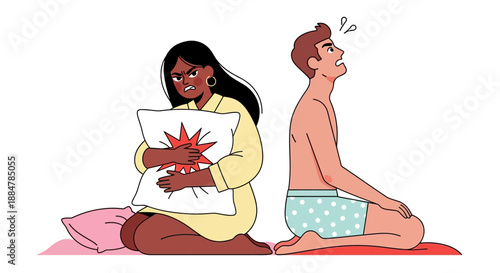 Couple Sitting on Floor with Woman Holding Paper Showing Angry Expression on Man's Face