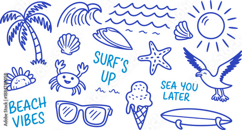 Surf's Up Sea You Later Doodle: Beach Vibes, Ice Cream, Surfboards, Sunglasses, Seagulls, and Crabs