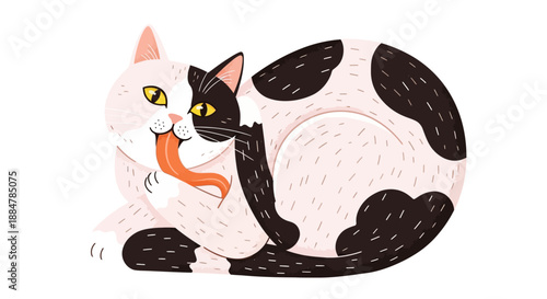 A cartoon cat grooms itself lying down with vibrant orange tongue and yellow eyes