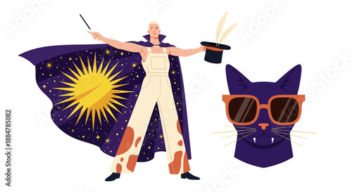 Magician with cape and top hat performing magic trick with cartoon cat wearing sunglasses, standing in a starry night environment