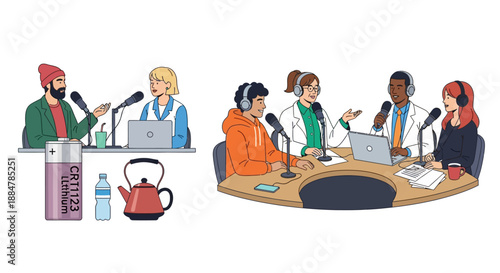 Diverse group of people engaging in a discussion around a table with laptops and microphones in a collaborative environment