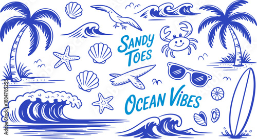 Sandy Toes Ocean Vibes Doodle: Palm Trees, Waves, Crabs, Surfboards, Sunglasses, and Seagulls in Blue