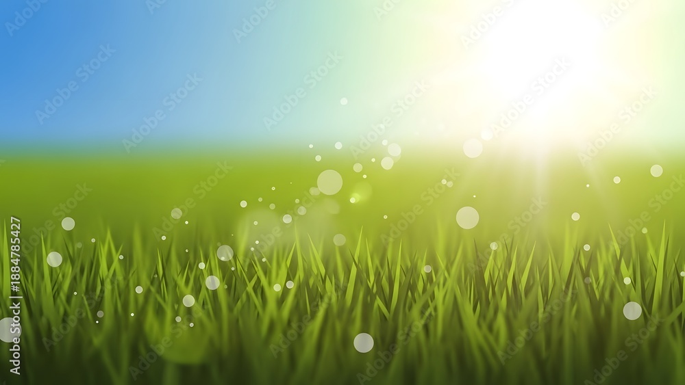 Obraz premium A fresh green grass landscape features morning dew and a bright sun shining over a spring meadow field under a blue summer sky, creating a beautiful nature background illustration for the environment