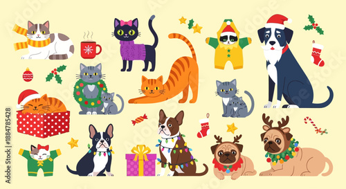 Collage of cats, dogs, and reindeer in festive attire, surrounded by holiday decorations and gifts, viewed from directly above