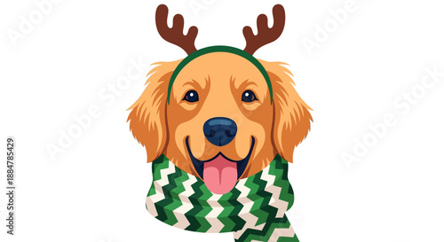 A cartoon dog wearing a green and white scarf and reindeer antlers headband, smiling happily