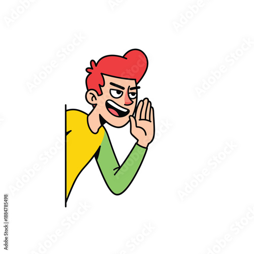 Mischievous cartoon character peeking out, whispering a secret or sharing news