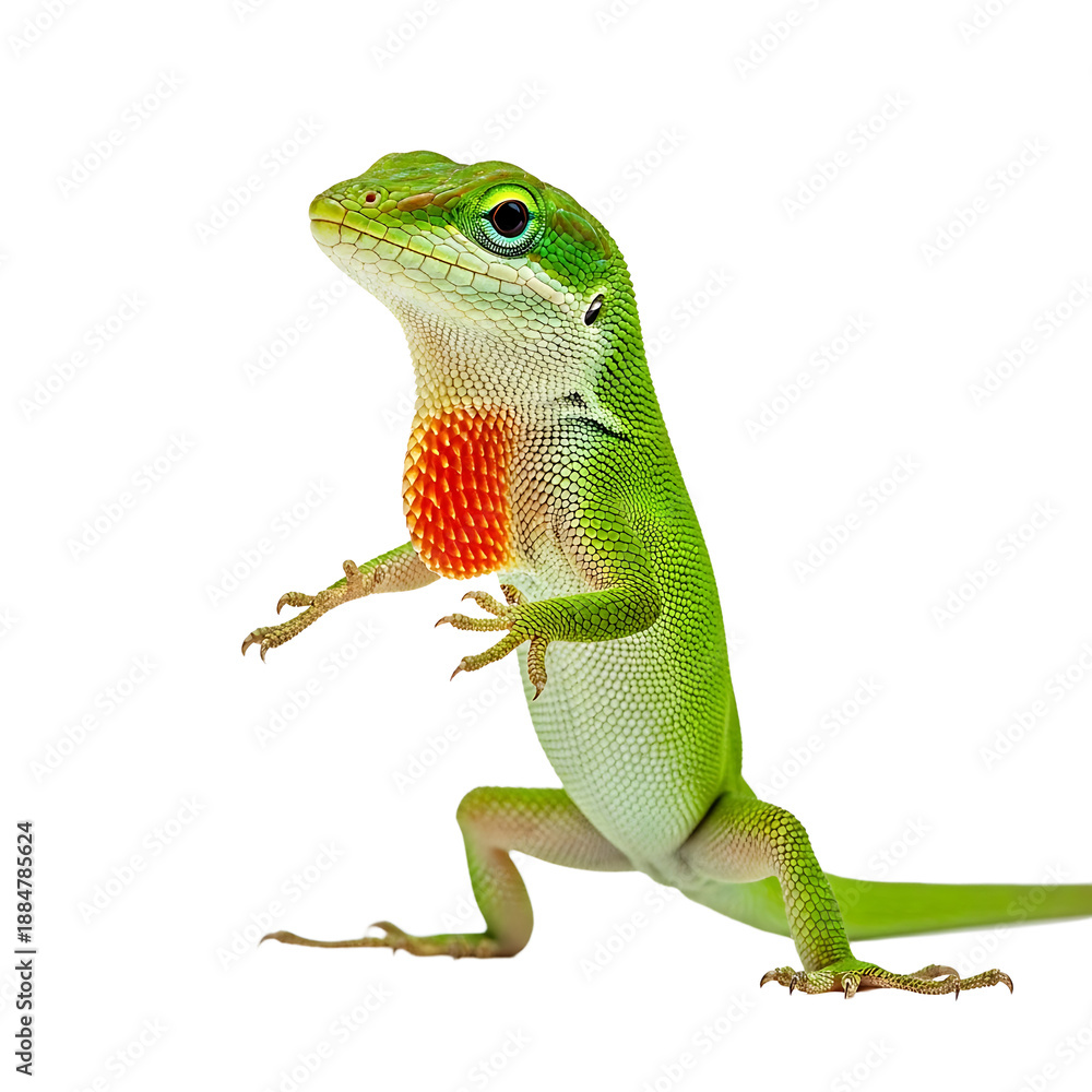 Fototapeta premium A vibrant green lizard standing on a transparent background with its throat displayed