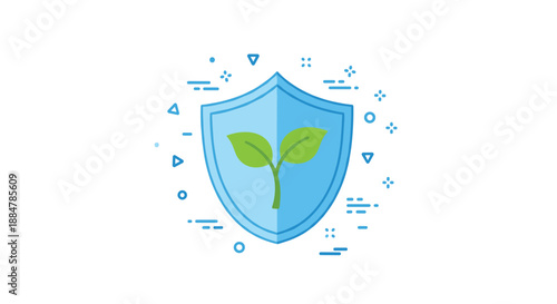 A vibrant green plant sprout securely positioned within a blue shield icon, surrounded by playful geometric elements, symbolizing eco-friendly protection and innovation.