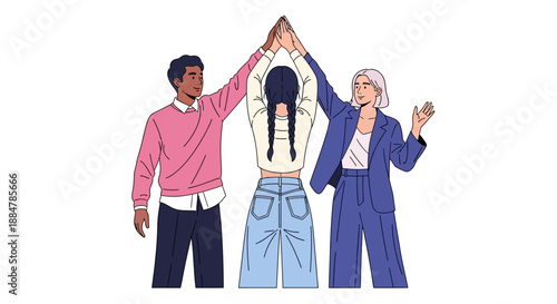 Diverse group of people collaborating and celebrating together in a modern illustration style