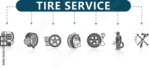 Automotive Tire Service Blueprint 7 Industrial Icons for Fleet Maintenance Diagrams, Roadside Assistance Presentations and Vehicle Safety Infographics