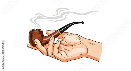 A hand holding a smoking pipe with smoke rising from it, depicted in a detailed illustration